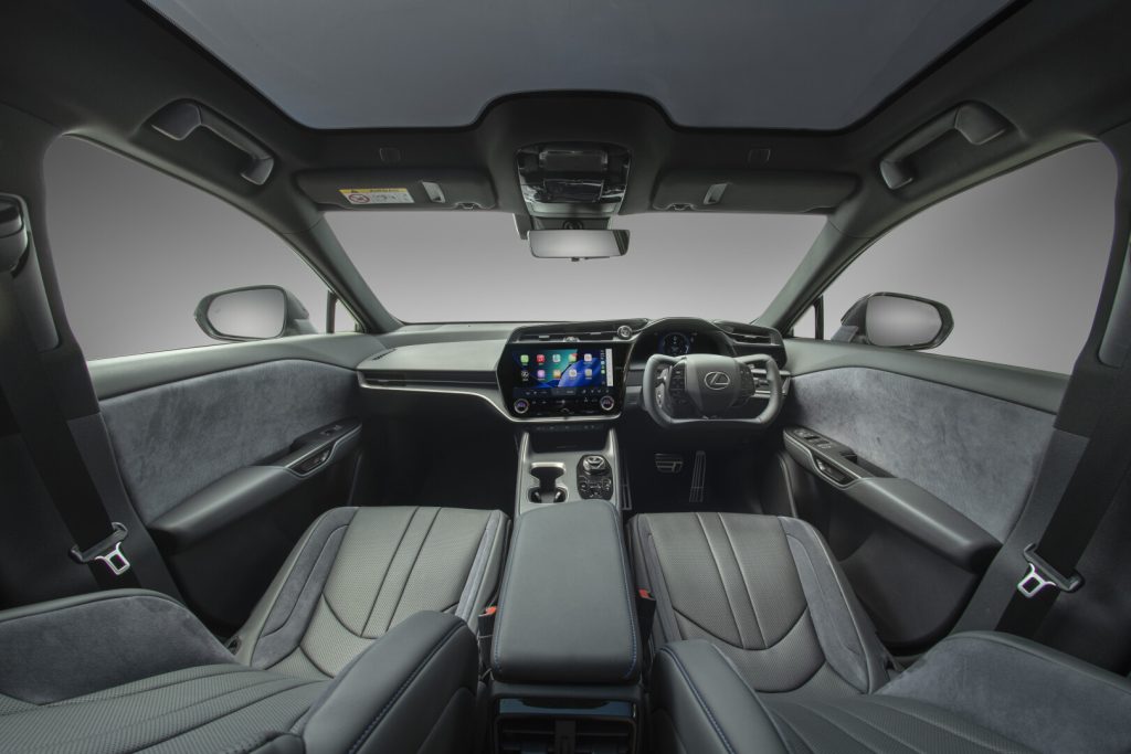 Lexus RZ 500e interior with 14-inch display and Tazuna cockpit
